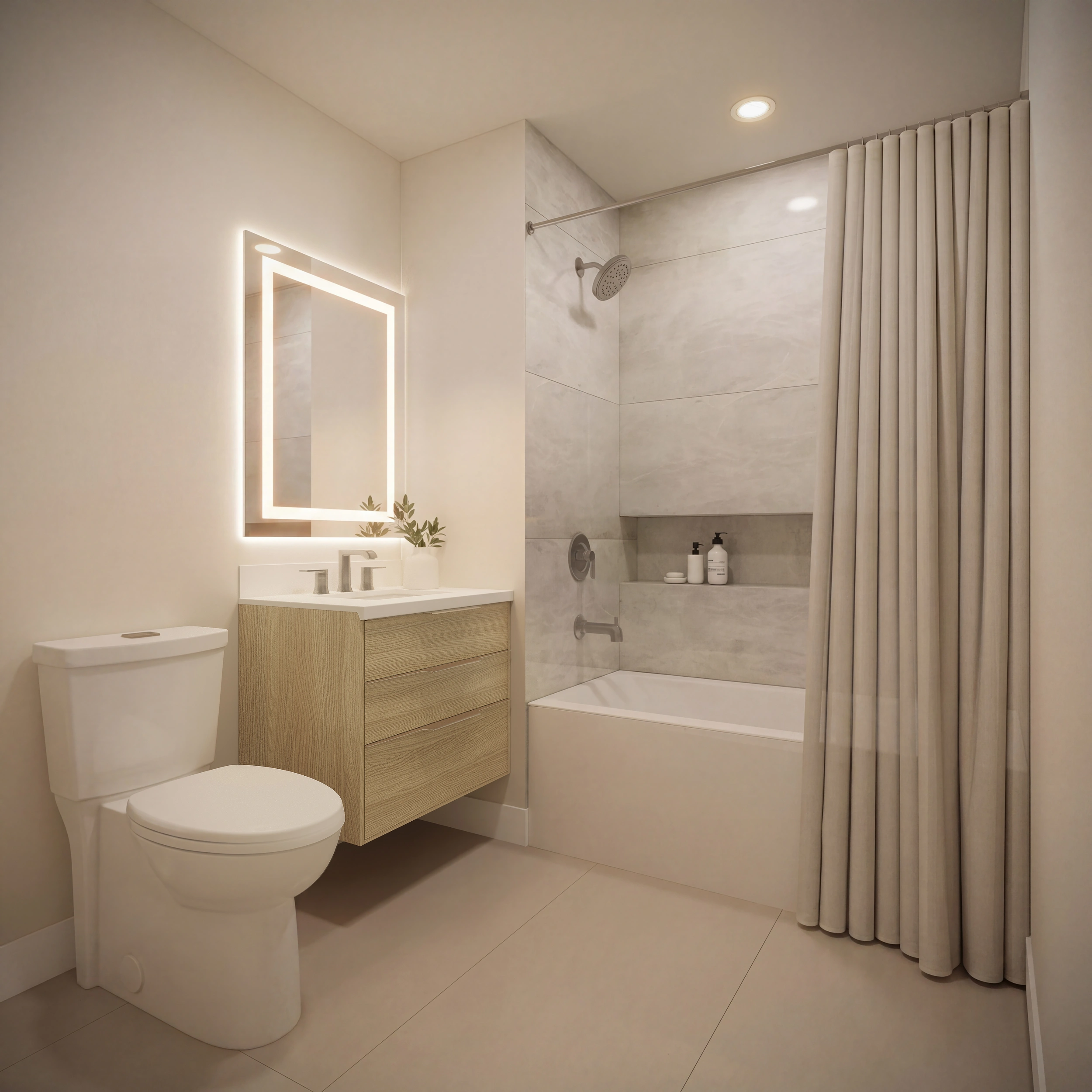 Bathroom with backlit mirror and light from the balcony