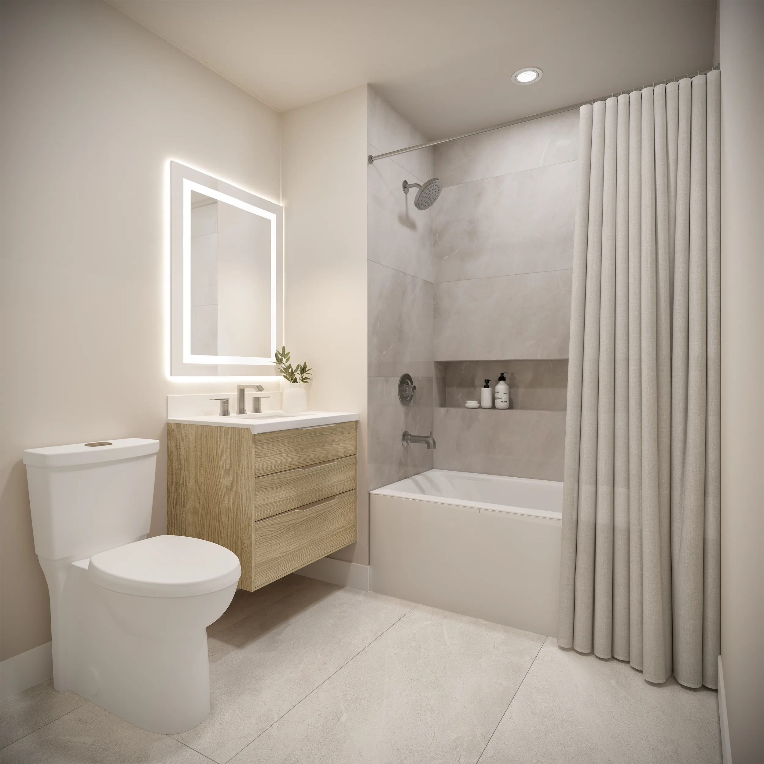 Bathroom with backlit mirror and light from the balcony