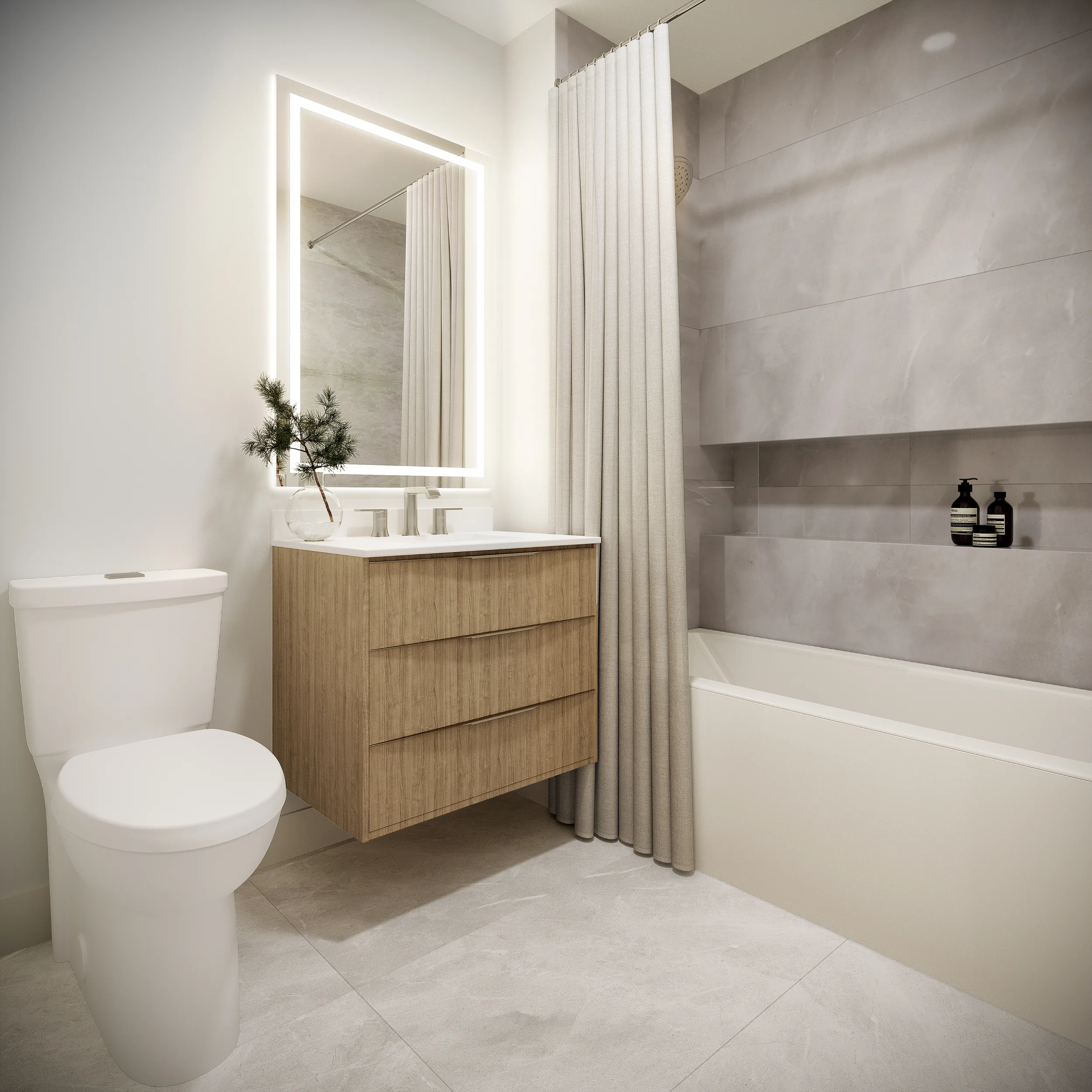 Modern bathroom with floating vanity, backlit mirror, and marble tub surround