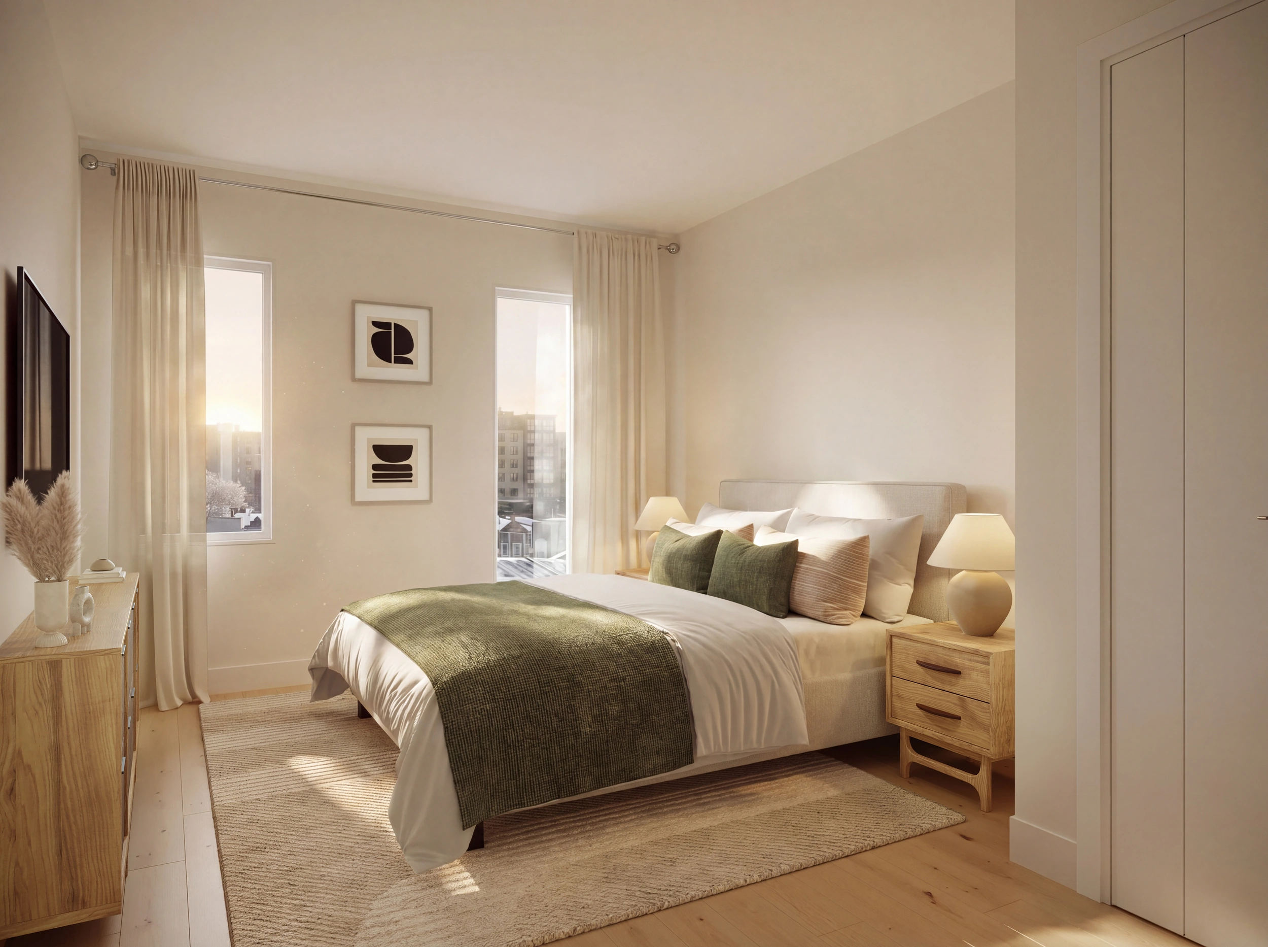 Bedroom with green quilt and soft natural light at Riva residence