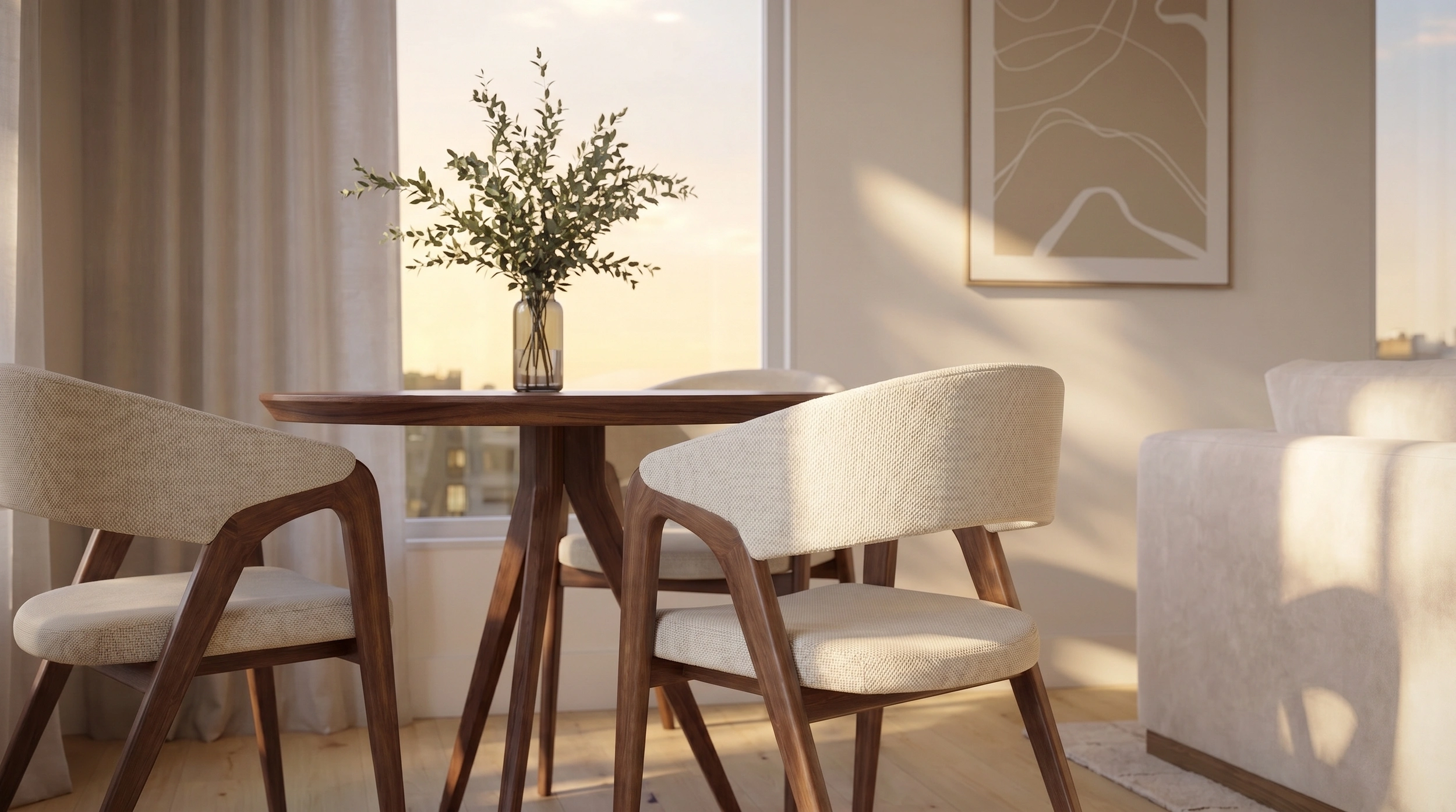 Close-up of dining room table and seating area