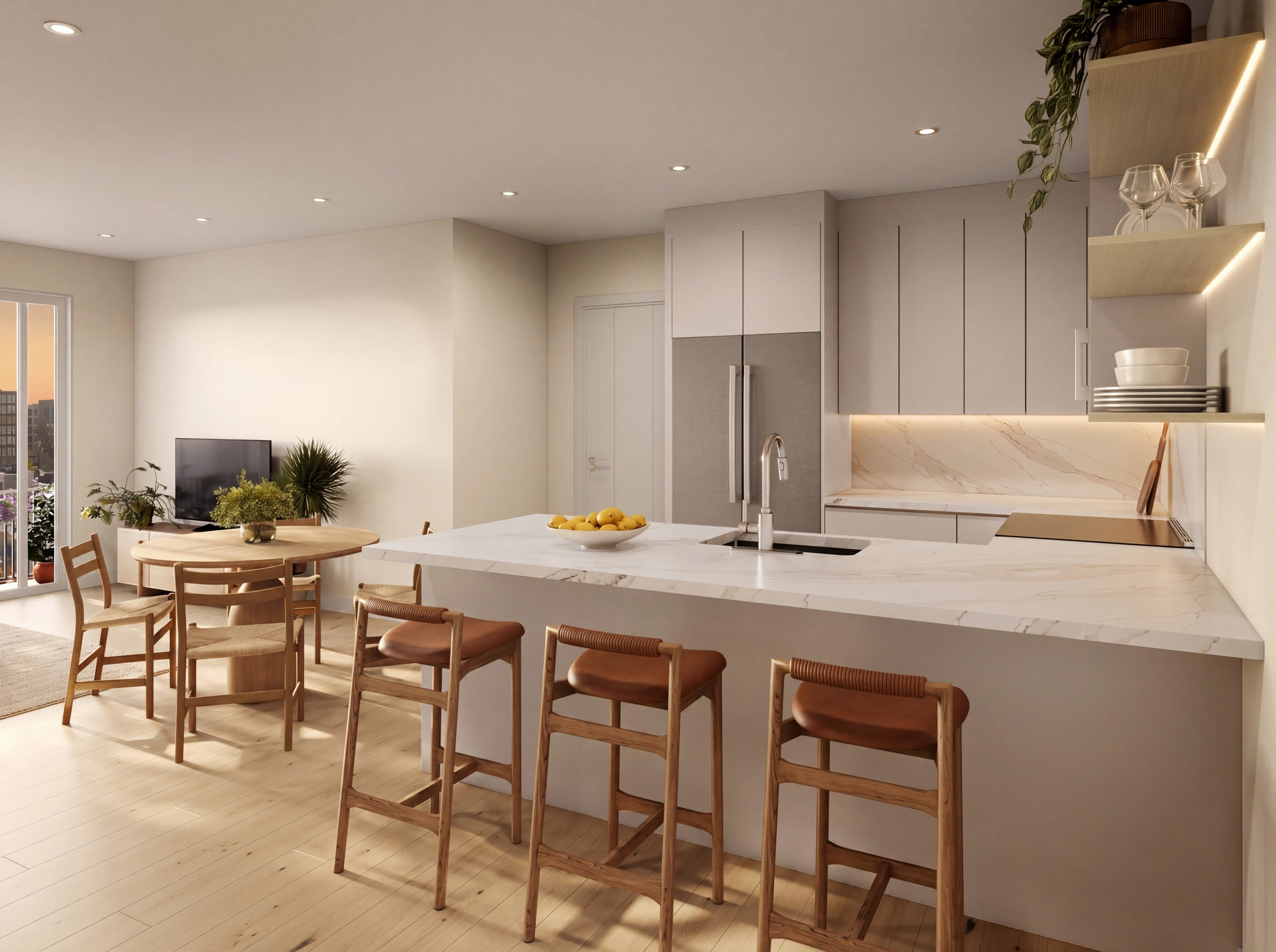 Kitchen with balcony seating and natural light at Riva residence
