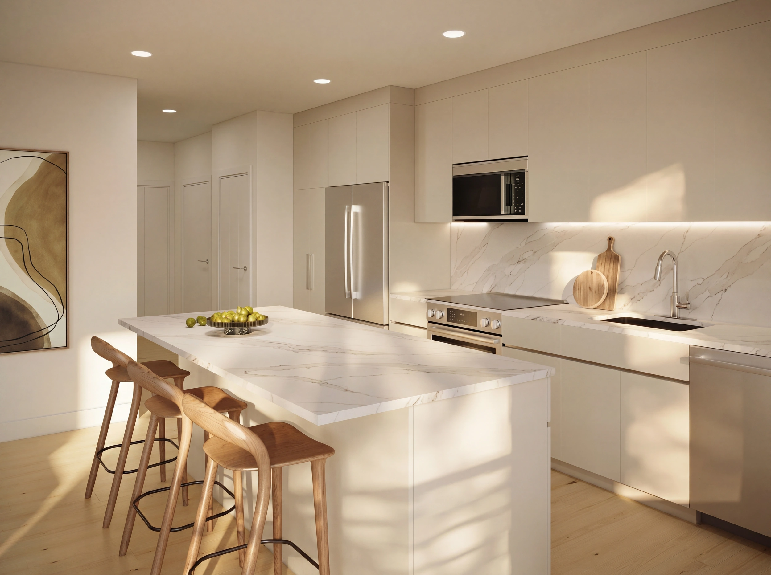 Close-up of kitchen with balcony view and custom cabinetry