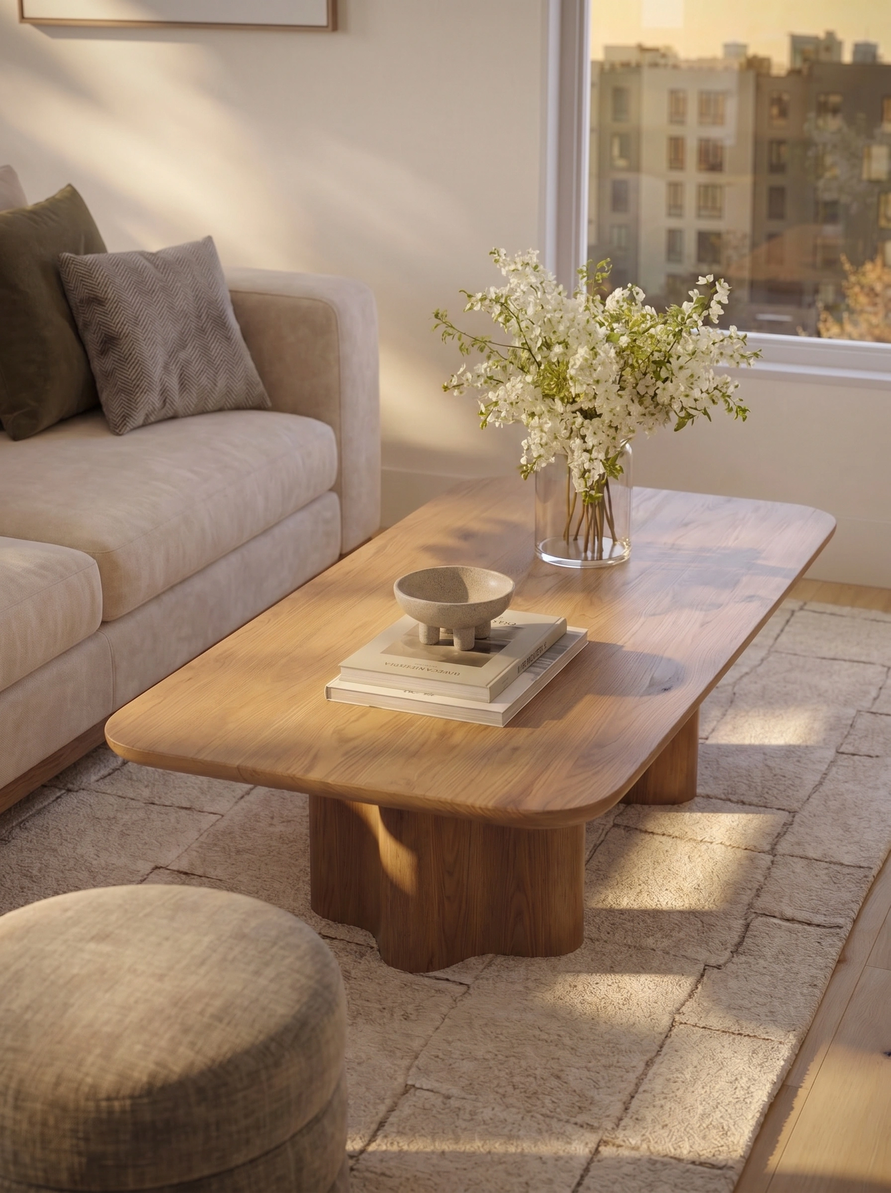 Close-up of living room center table with external view