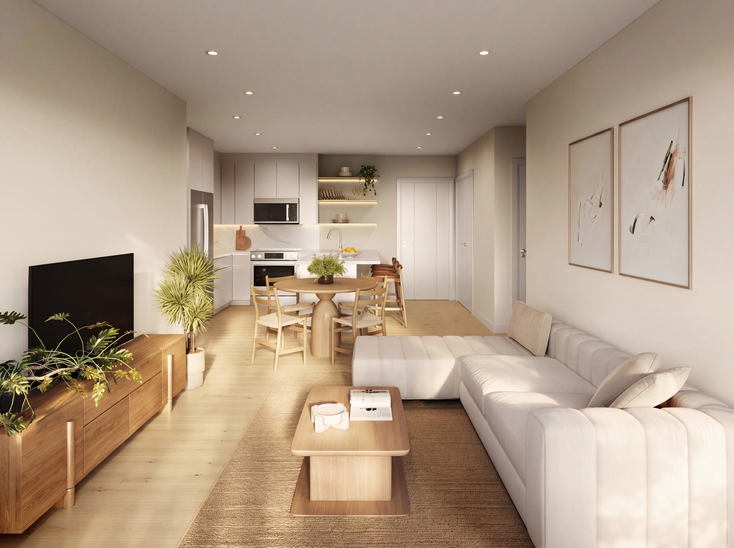 Open living room with kitchen view and refined interior finishes